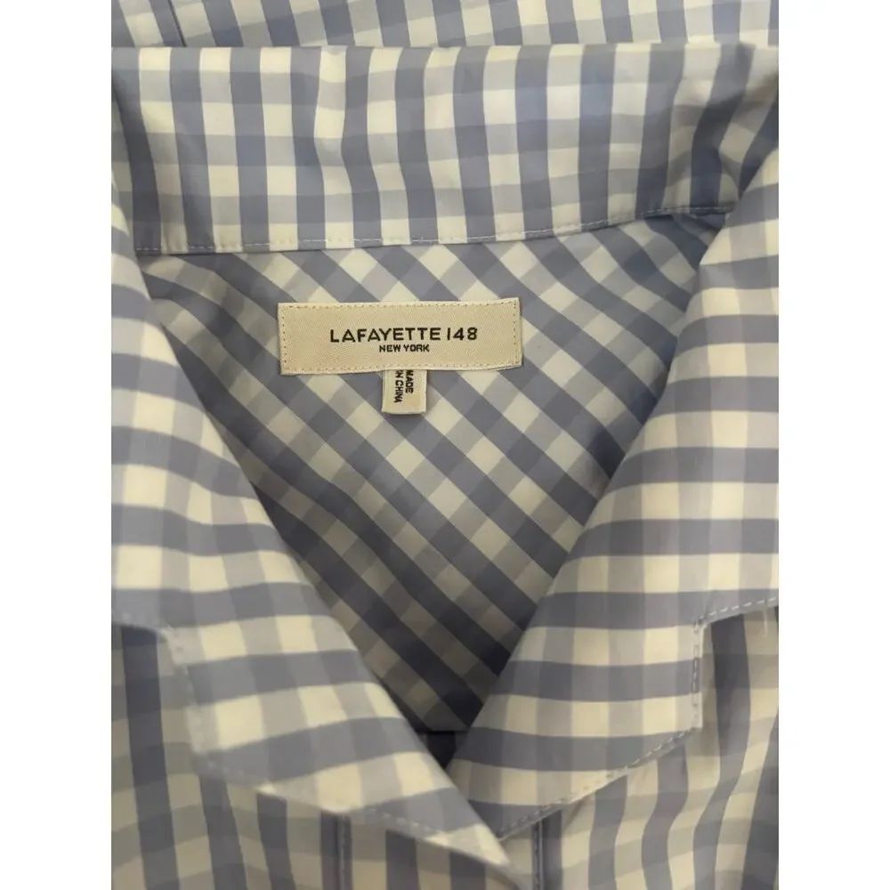 Lafayette 148 New York Poplin Button Up Shirt Blue Gingham Check Size XS FLAW